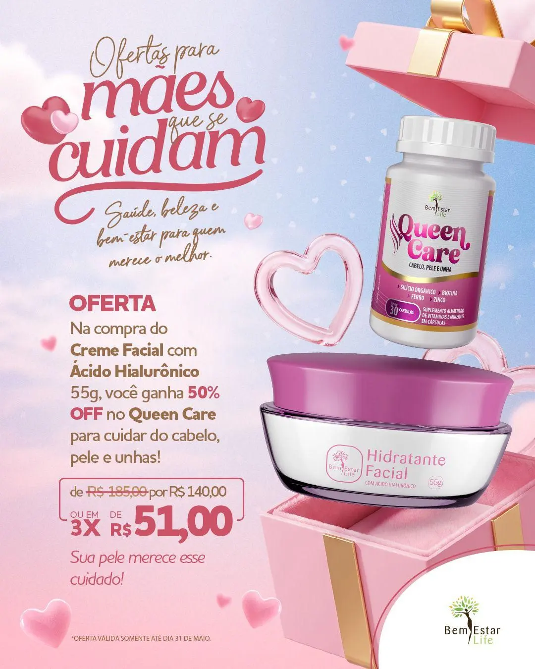 QUEEN CARE *CABELO E UNHA* 50% desconto HIDRATANTE FACIAL